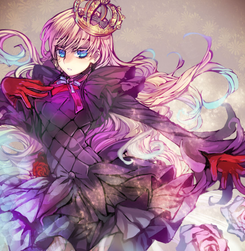 blue_eyes bow crown dress flower gloves gradient_hair long_hair multicolored_hair pink_flower pink_rose red_flower red_rose rose rose_witch shiei_no_sona-nyl solo steampunk_(liarsoft) tenkuu_sphere