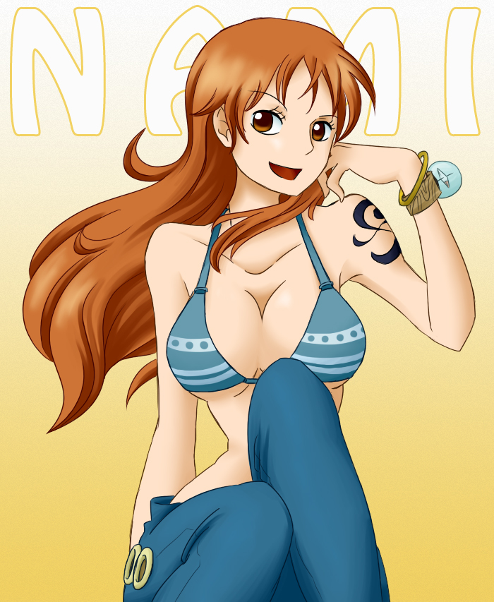 bare_shoulders bikini bikini_top bracelet breasts character_name cleavage denim female gradient gradient_background happy jeans jewelry large_breasts legs long_hair looking_at_viewer nami nami_(one_piece) one_piece open_mouth orange_eyes orange_hair pants pirate sabaody_archipelago siki simple_background sitting smile solo swimsuit tattoo yellow_background