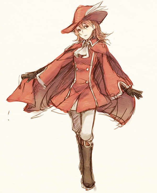 alternate_costume boots cape feathers final_fantasy final_fantasy_iii gloves hat orange_hair pants red_mage refia short_hair solo weee_(raemz)