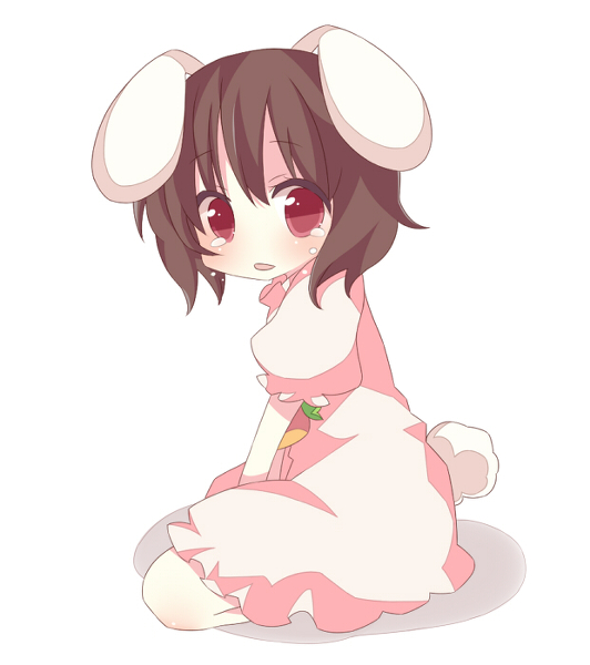 animal_ears brown_hair bunny_ears bunny_tail carrot inaba_tewi red_eyes short_hair sitting solo tail tears touhou