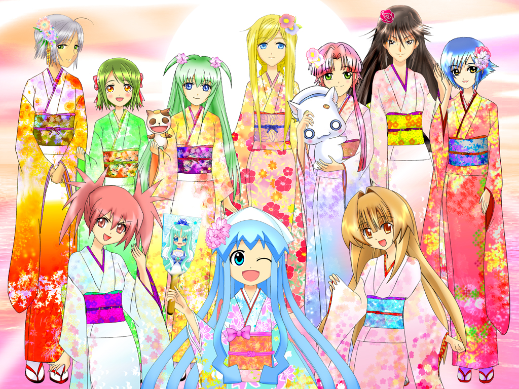 ai_(aria) aika_granzchesta akira_ferrari alice_carroll alicia_florence alternate_costume aria aria_pokoteng athena_glory blonde_hair blue_hair brown_hair crossover cure_marine edomae_lunar flower furisode hagoita hair_flower hair_ornament heartcatch_precure! ikamusume japanese_clothes kimono kurumi_erika long_hair luna_rune magical_girl mizunashi_akari multiple_girls new_year one_eye_closed paddle pink_hair precure president_maa red_hair seto_no_hanayome seto_sun shinryaku!_ikamusume short_hair short_hair_with_long_locks short_twintails sidelocks silver_hair smile tentacle_hair twintails two_side_up very_short_hair yukata