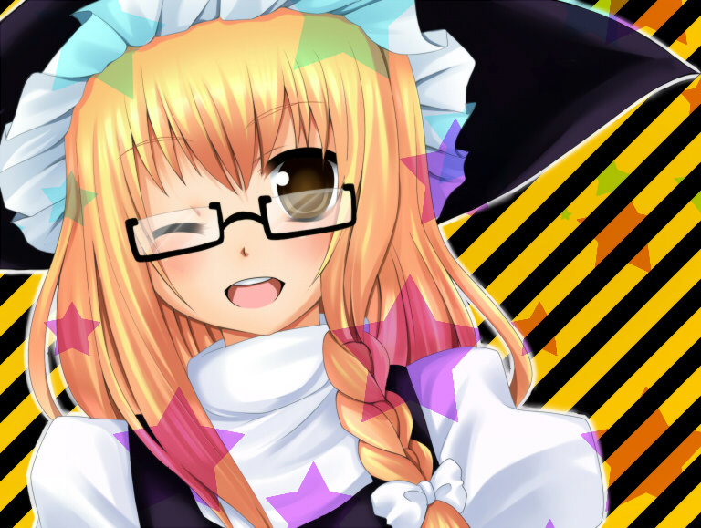 bad_id bad_pixiv_id bespectacled blonde_hair bow braid glasses hair_bow hat kirisame_marisa long_hair nnyara one_eye_closed open_mouth solo star touhou witch_hat yellow_eyes