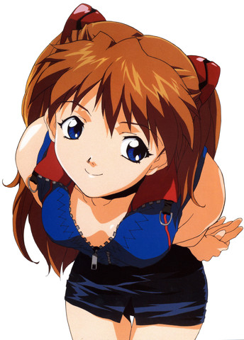 blue_eyes breasts cleavage lowres neon_genesis_evangelion official_art open_clothes open_shirt red_hair shorts smile soryu_asuka_langley souryuu_asuka_langley tank_top zipper