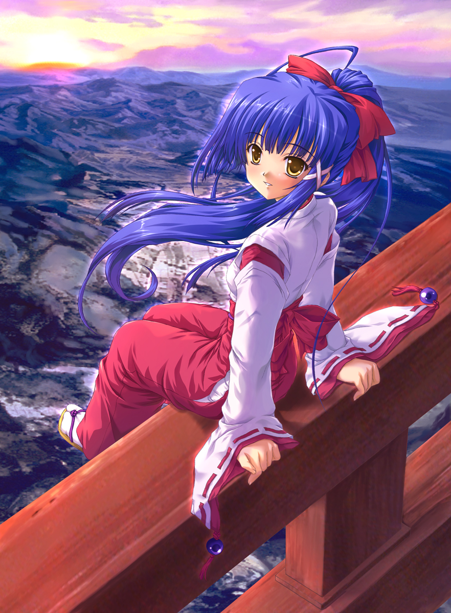 blue_hair bow hair_bow highres japanese_clothes looking_back miko original ponytail scenery solo wakou_tensui yellow_eyes