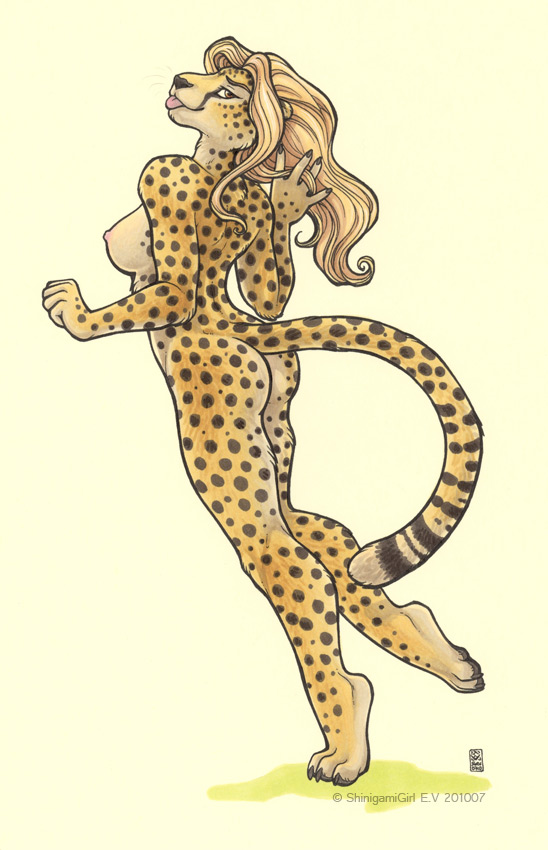 breasts butt cheetah feline female looking_at_viewer mammal nipples nude plain_background shinigamigirl side_boob solo tongue tongue_out white_background