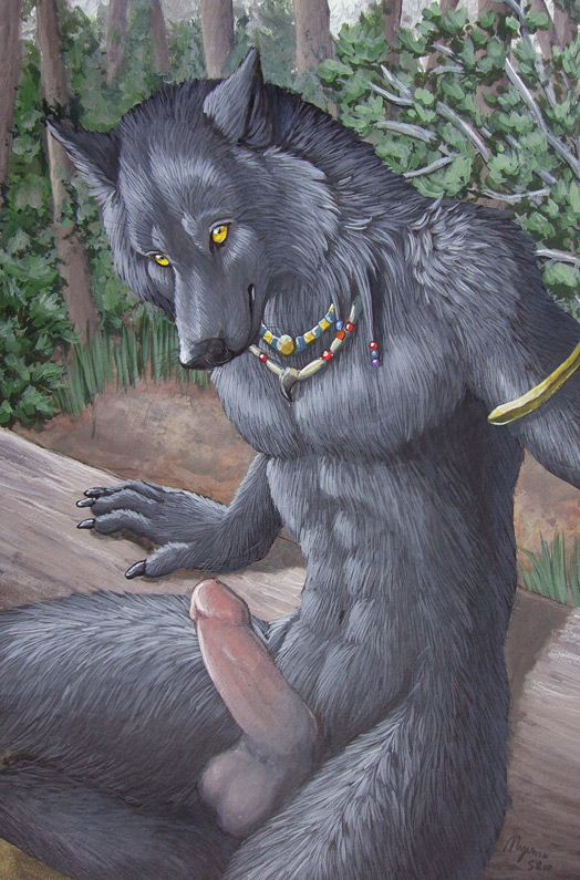 2010 balls canine collar forest hair looking_at_viewer male myenia necklace nude outside penis solo tree tribal wolf yellow_eyes