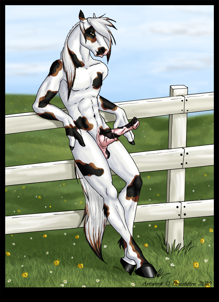 anthro brushfire equine erection fence grass hooves horse horsecock male mammal nude outside paint penis pinto pinup pose solo stallion
