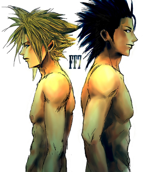 2boys cloud_strife final_fantasy final_fantasy_vii male male_focus multiple_boys muscle nude simple_background standing zack_fair