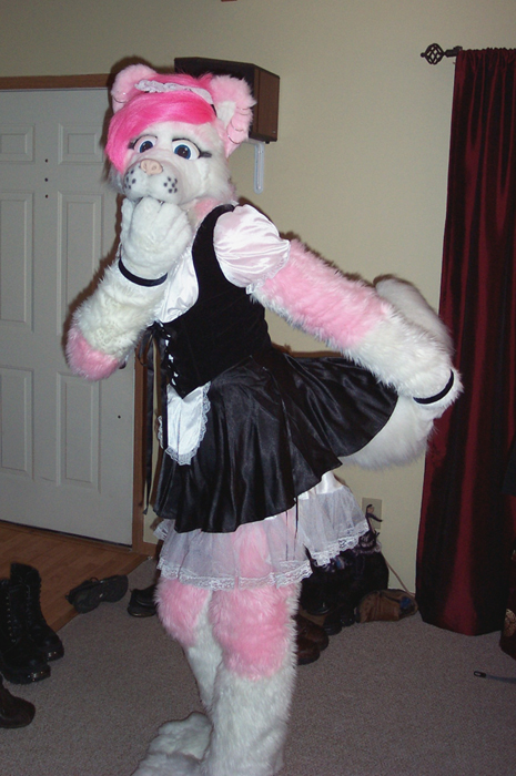 dog fur fursuit hair humor lol maid maid_uniform male mammal pink pink_fur pink_hair pose real solo unknown_artist