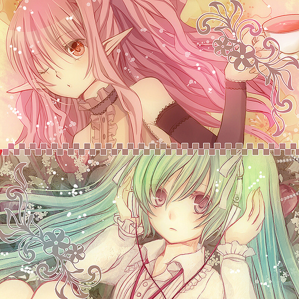 bad_id bad_pixiv_id cup green_hair hair_ribbon hatsune_miku headphones long_hair multiple_girls nozomi_fuuten one_eye_closed pink_hair pointy_ears red_eyes ribbon teacup twintails vocaloid