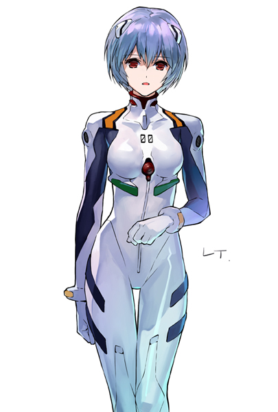 :o ayanami_rei bangs blue_hair bodysuit bracer breasts clenched_hands cowboy_shot gloves hair_between_eyes hair_ornament looking_at_viewer mouri_mika neon_genesis_evangelion number pilot_suit plugsuit red_eyes short_hair simple_background small_breasts solo standing thigh_gap turtleneck white_background white_bodysuit