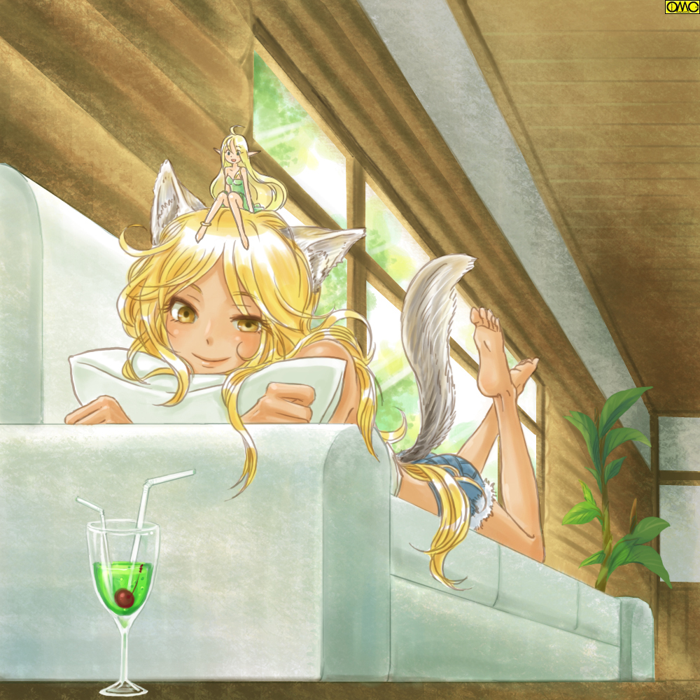 animal_ears blonde_hair female hair looking_at_viewer micro omc pillow raised_tail size_difference sofa tail wolf_ears