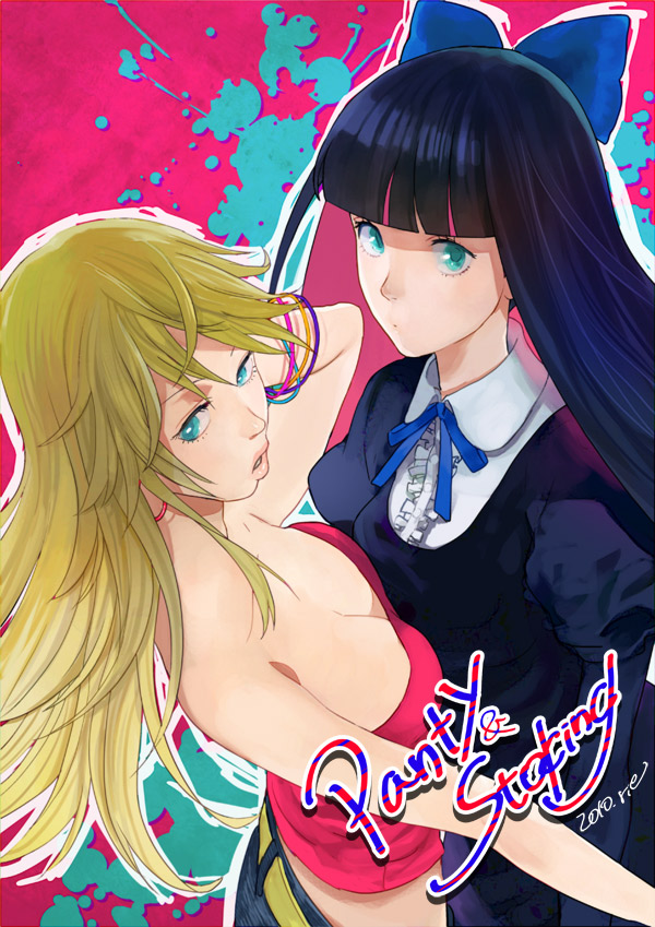 bad_id bad_pixiv_id blonde_hair blue_eyes bow bracelet downblouse from_above jewelry multicolored_hair multiple_girls panty_&amp;_stocking_with_garterbelt panty_(psg) stocking_(psg) sumishuu two-tone_hair
