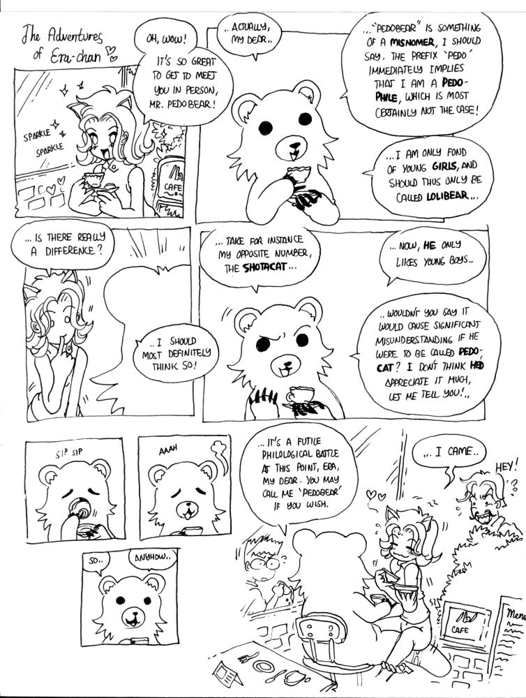 animal_ears anthro bear black_and_white can't_enjoy can't_enjoy cat_ears comic english_text funny group human humor humour i_came kemonomimi lol lulz mammal monochrome nekomimi o_o pedobear plain_background pussy_juice tea text the_truth unknown_artist what white_background