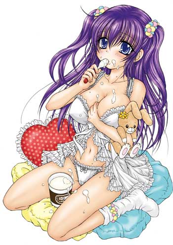 artist_request bra breasts cleavage eating food ice_cream kneeling large_breasts lingerie lowres non-web_source panties ribbon solo source_request stuffed_animal stuffed_toy underwear