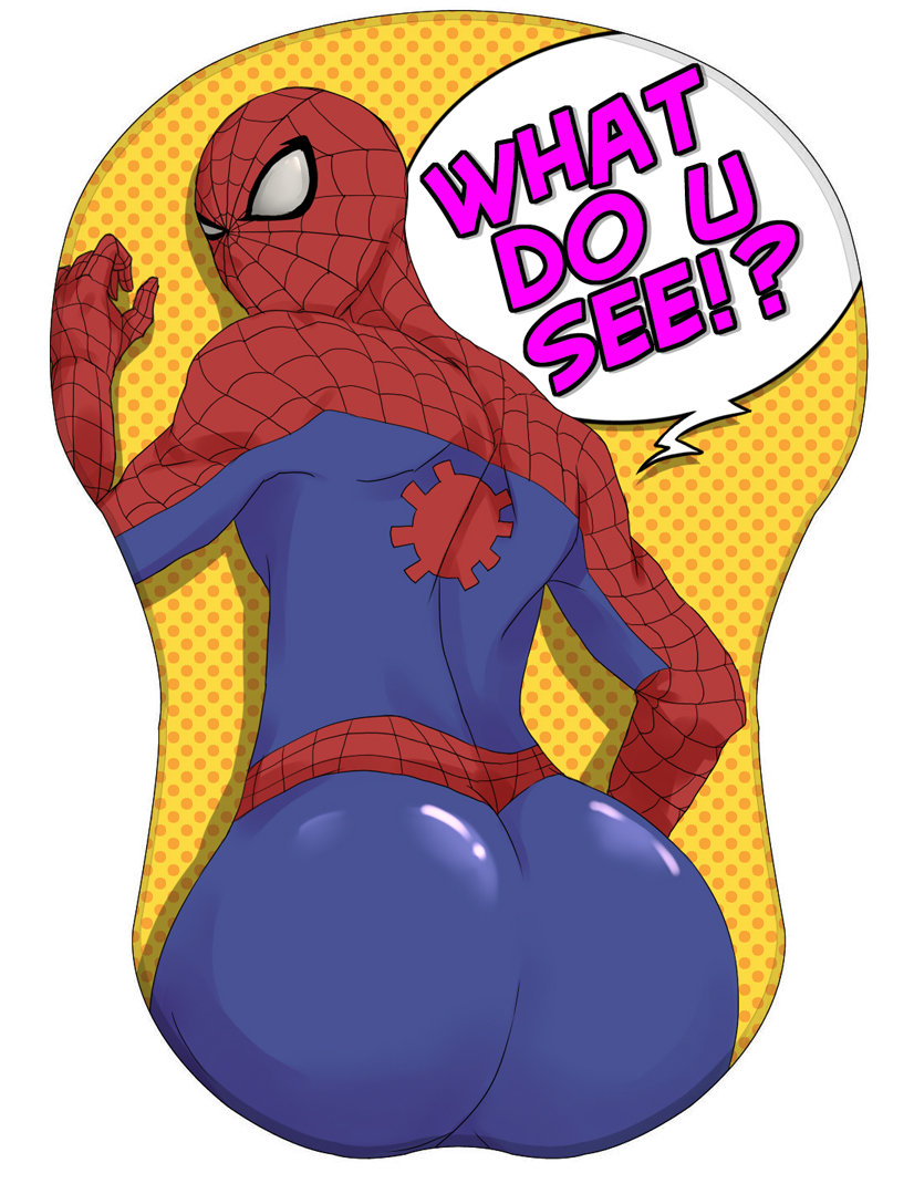 big_butt blue butt clothed comic_style looking_at_viewer looking_back male red shiny skin_tight_clothing solo spiderman text unknown_artist what_do_u_see? yellow
