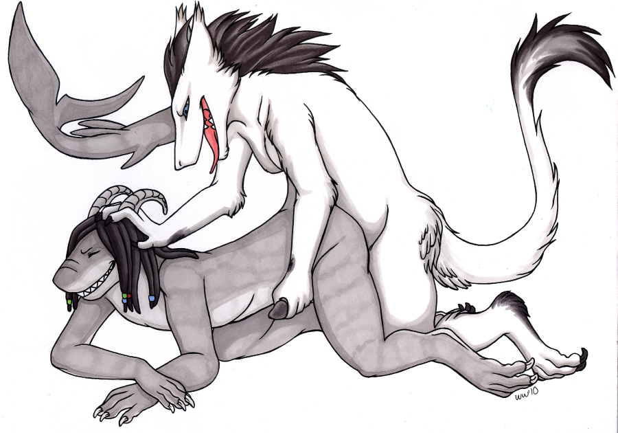 all_fours anal anthro doggie_style doggystyle dreadlocks duo eyes_closed fish from_behind gay grab_hair hair hair_grab handjob horn horns interspecies male marine nude penis plain_background raised_tail reach_around sergal sex shark side_view smile tongue white_background wingedwolf