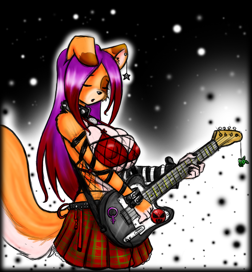 big_breasts bikini_top black_nose breasts brown brown_fur brown_hair canine clothed clothing collar ear_piercing eyes_closed female fishnet fur fyxe guitar hair huge_breasts mammal piercing simple_background skimpy skirt solo spiked_collar tail tora-chan white white_fur