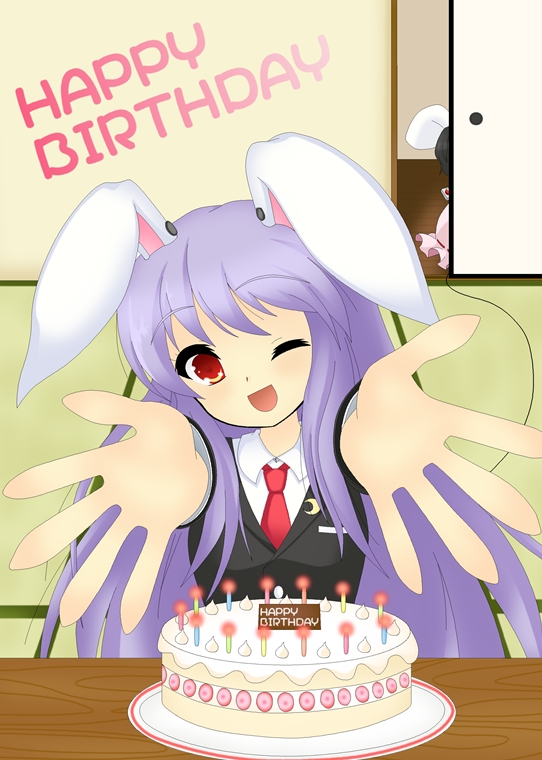 animal_ears blazer bunny_ears cake crescent food inaba_tewi jacket kumatoshi multiple_girls necktie one_eye_closed outstretched_arms outstretched_hand prank purple_hair red_eyes red_neckwear reisen_udongein_inaba tatami touhou wings