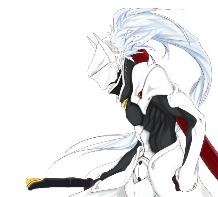 armor blazblue blue_hair hakumen hirahira long_hair male_focus solo sword weapon white_background