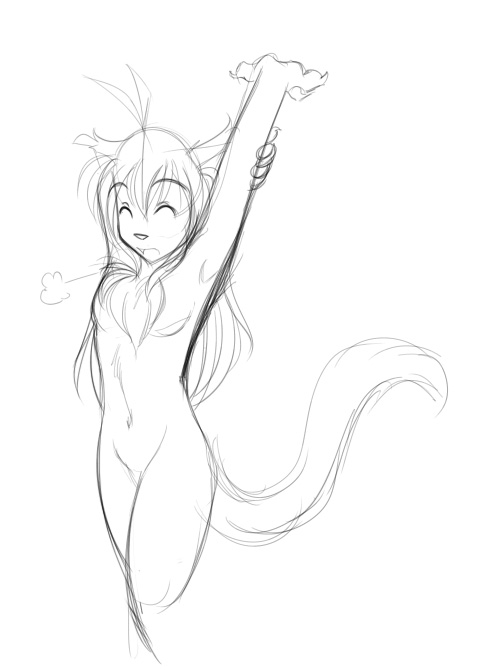 breasts chest_tuft claws cute eyes_closed feline female flora_(twokinds) fur hair keidran long_hair mammal monochrome nude open_mouth plain_background sketch solo standing stretch stretching tail tiger tom_fischbach tuft twokinds white_background yawn