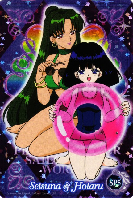 bikini bishoujo_senshi_sailor_moon bob_cut breasts green_hair kneeling large_breasts loli meiou_setsuna official_art on_knees one-piece_swimsuit one_piece_swimsuit pale pale_skin purple_eyes sailor_pluto sailor_saturn swimsuit tamegai_katsumi tan tomoe_hotaru young younger