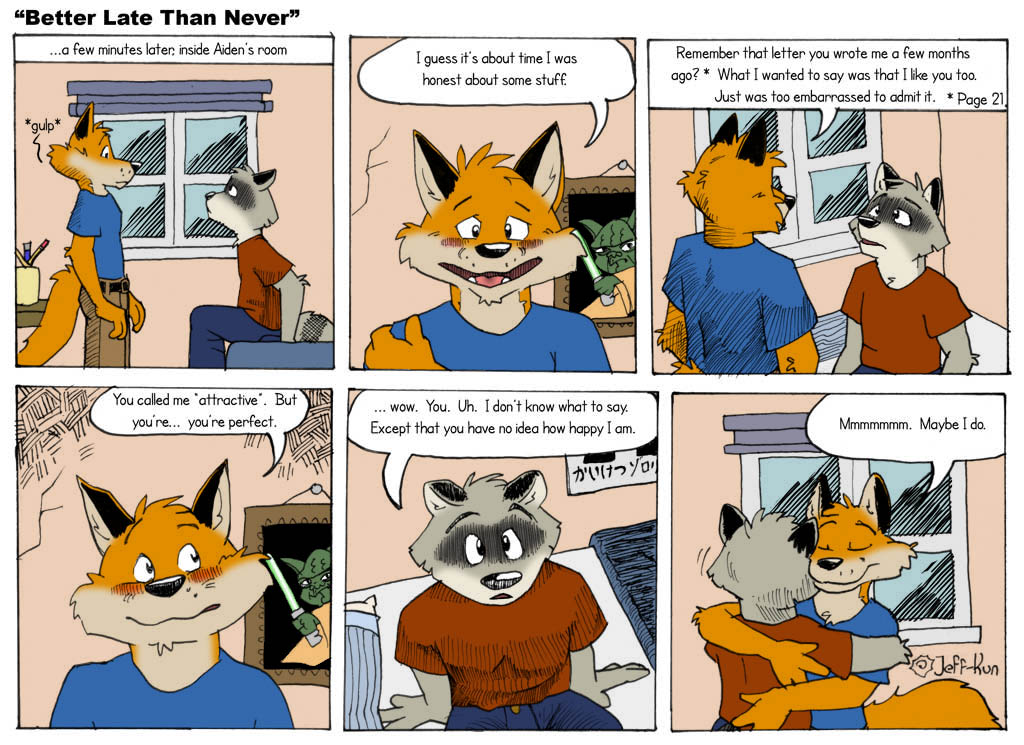 canine closet_coon colin_young comic coming_out english_text fox gay hug jeff-kun leafdog male mammal raccoon red_fox stated_homosexuality text yoda
