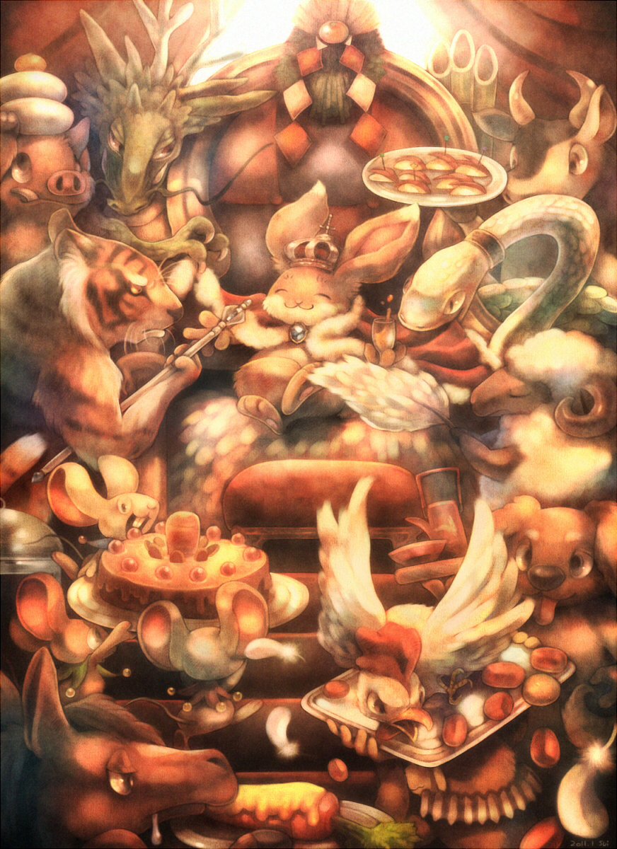bad_id bad_pixiv_id bird bull bunny cake carrot chicken chinese_zodiac crown cup dog dragon drinking_glass feathers food highres horse monkey mouse new_year no_humans original pig rooster scepter sheep snake sui_(petit_comet) throne tiger wine_glass