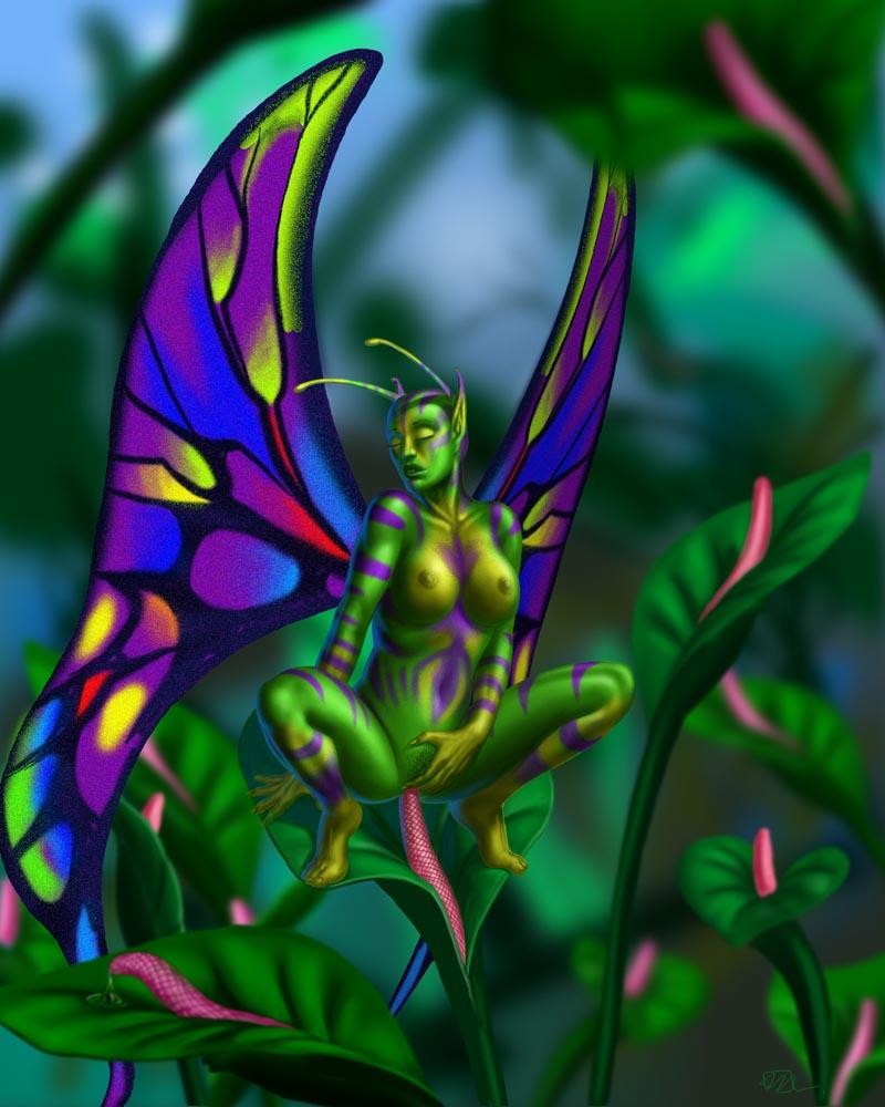 antennae breasts butterfly dildo eyes_closed female plants pointy_ears sex_toy solo unknown_artist wings