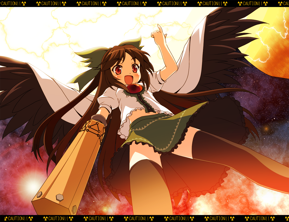 :d arm_cannon black_legwear bow brown_hair cape caution from_below hair_bow lens_flare navel open_mouth radiation_symbol red_eyes reiuji_utsuho skirt smile solo star_(sky) thighhighs third_eye touhou weapon wings yamasan