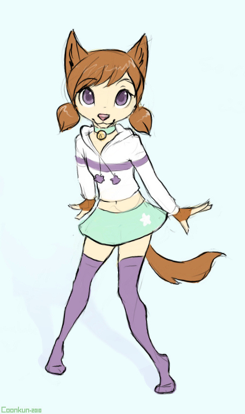 bell cat collar coonkun cub delicate feline female gloves knee_socks legwear looking_at_viewer mammal mini_skirt miniskirt misha pigtails pose purple_eyes solo sweater thigh_highs young