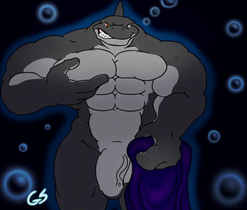 abs amber_eyes anthro balls biceps big_muscles big_penis countershading fangs fin fish flaccid great_white_shark grin gs looking_at_viewer male marine muscles pecs penis shark solo standing towel uncut vein veins