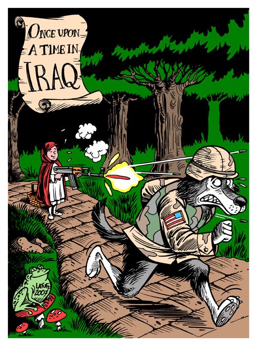 2009 ak-47 canine fairy_tale female human iraq latuff machine_gun soldier united_states_of_america weapon wolf