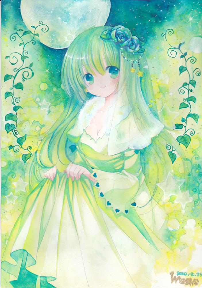 blue_flower blue_rose breasts cleavage dated dress flower green_eyes green_hair hair_flower hair_ornament long_hair medium_breasts mosho original rose signature skirt_hold smile solo traditional_media