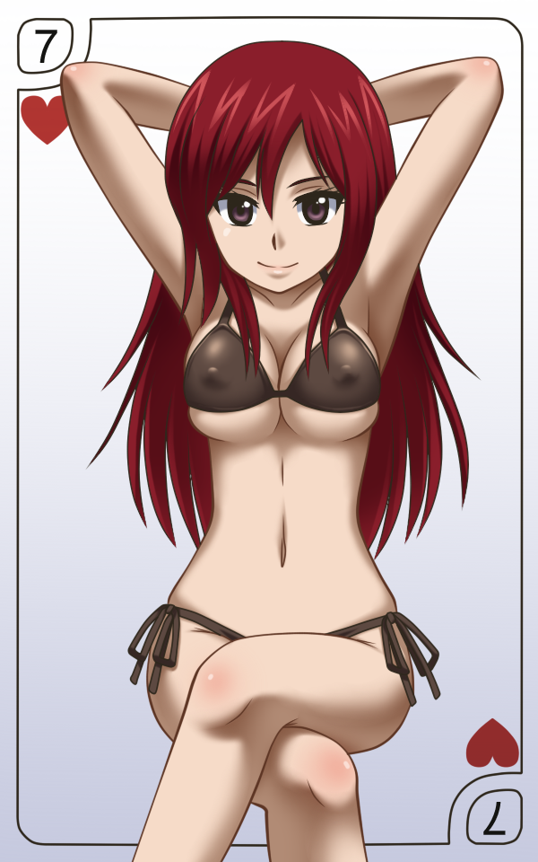 1girl armpits arms_up awa bikini breasts brown_eyes cleavage erect_nipples erza_scarlet fairy_tail female heart hips large_breasts legs legs_crossed long_hair looking_at_viewer midriff navel red_hair simple_background sitting smile solo swimsuit thighs