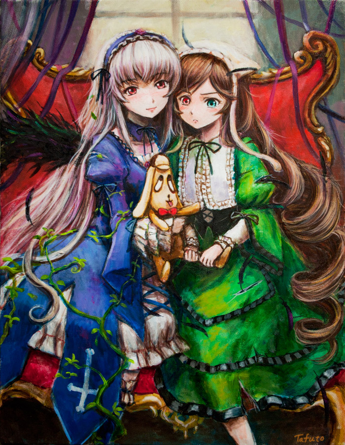 blush bow bowtie brown_hair dress drill_hair feathers flower frills green_eyes hairband hat heterochromia long_hair multiple_girls oil_painting_(medium) plant red_eyes ribbon rozen_maiden signature silver_hair sitting smile stuffed_animal stuffed_toy suigintou suiseiseki tafuto traditional_media very_long_hair vines white_hair wings