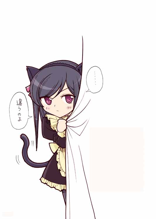 animal_ears apron black_hair blush cosplay gokou_ruri gokou_ruri_(cosplay) hairband ichiba_ko'ushi jpeg_artifacts long_hair maria-sama_ga_miteru ogasawara_sachiko ore_no_imouto_ga_konna_ni_kawaii_wake_ga_nai pantyhose peeking_out purple_eyes shy solo tail translated