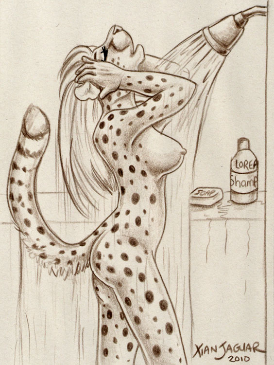 2010 breasts cheetah eyes_closed feline female nude shower side_boob sketch soap solo water wet xianjaguar