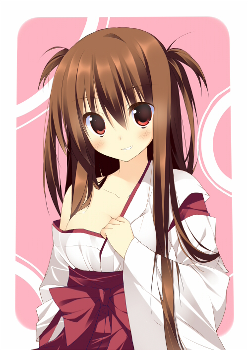 blush breasts brown_hair japanese_clothes kuwashima_rein long_hair miko open_mouth original red_eyes small_breasts solo tororo_inniina two_side_up