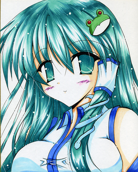 breasts frog green_eyes green_hair hair_ornament kochiya_sanae large_breasts long_hair mon_yashiro_well shikishi snake solo touhou traditional_media