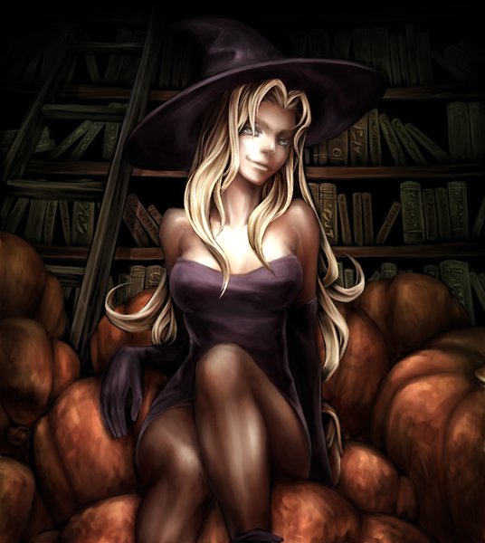 bare_shoulders blonde_hair book breasts covered_nipples curvy dark deneb_rove elbow_gloves gloves hat legs library lips long_hair medium_breasts nabe_(crow's_head) naughty_face pantyhose pumpkin sitting solo tactics_ogre witch_hat