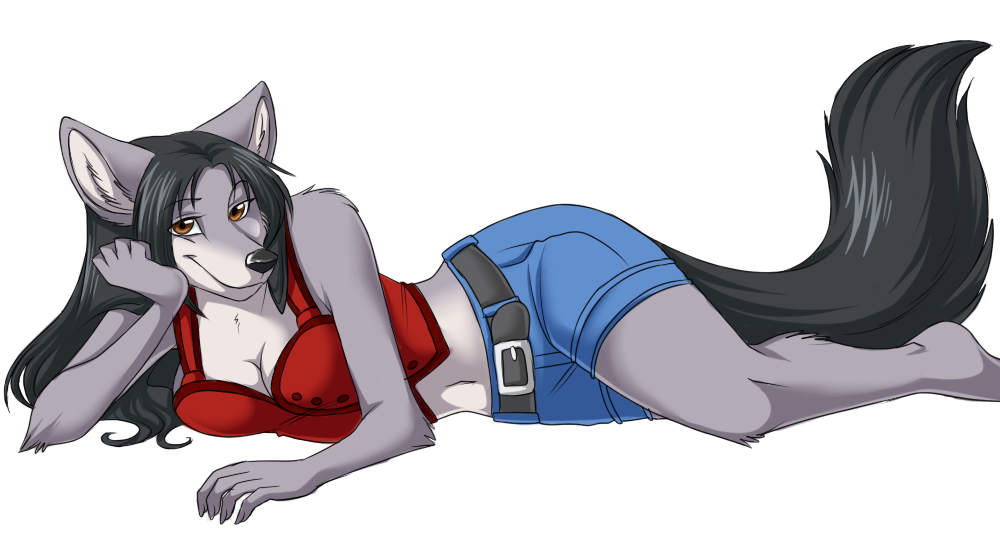 canine centch denim female grey_hair hair looking_at_viewer lying mammal plain_background smile solo white_background wolf