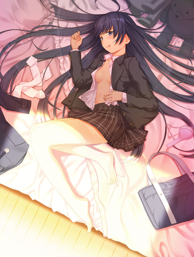 :d :p :q bag bare_legs barefoot bed black_eyes black_hair bra breasts feet from_above legs lingerie long_hair lying open_clothes open_mouth open_shirt original pink_bra purple_eyes school_uniform shirt skirt small_breasts smile solo tongue tongue_out underwear yamamoto_shima
