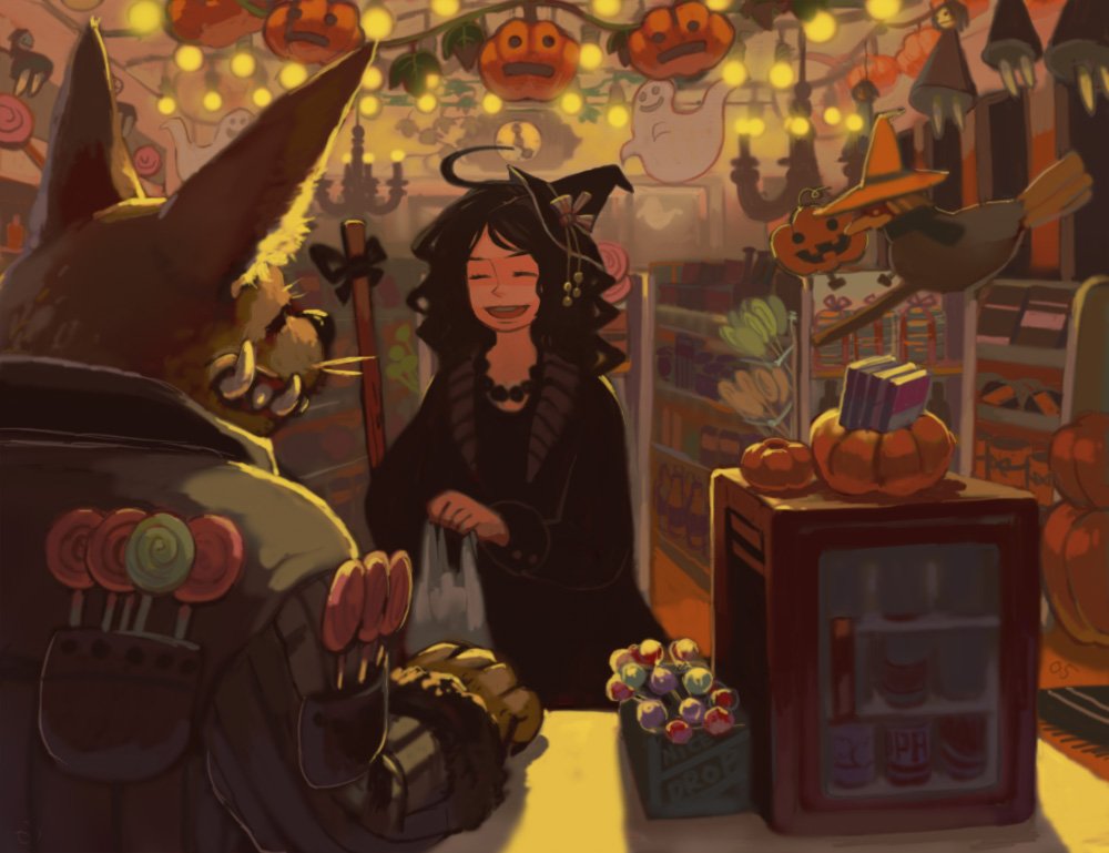 bag black_hair candy canine eyes_closed female hair halloween hat holidays human kaitenroji lollipop long_hair male mammal pumpkin shop teeth wolf