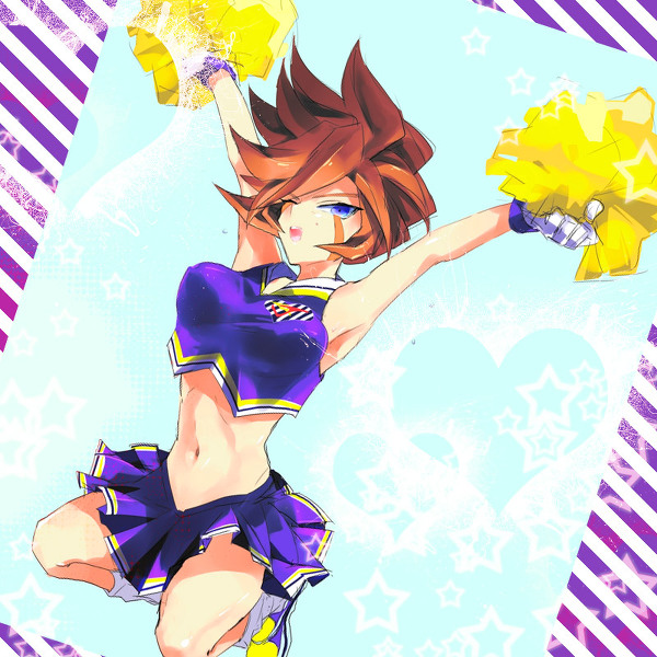 artist_request blue_eyes breasts brown_hair cheerleader erect_nipples female genda_koujirou genderswap gloves inazuma_eleven inazuma_eleven_(series) jumping large_breasts navel open_mouth pixiv_thumbnail pom_poms resized solo wink