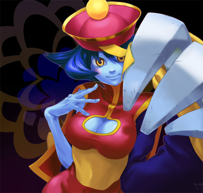 blue_hair blue_skin capcom cleavage_cutout geung_si hat jiangshi lei_lei vampire_(game) yellow_eyes