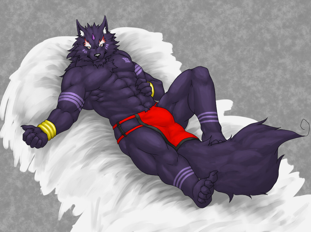 abs anthro biceps big_muscles bulge canine fur loincloth looking_at_viewer lying male mammal muscles on_back pecs red_eyes solo toes tribal underwear unknown_artist wolf wristband