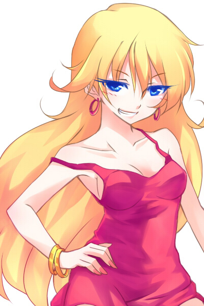 bad_id bad_pixiv_id bare_shoulders blue_eyes bracelet breasts cleavage dress earrings jewelry long_hair naughty_face no_bra panty_&amp;_stocking_with_garterbelt panty_(psg) red_dress skirt small_breasts solo vinashyra