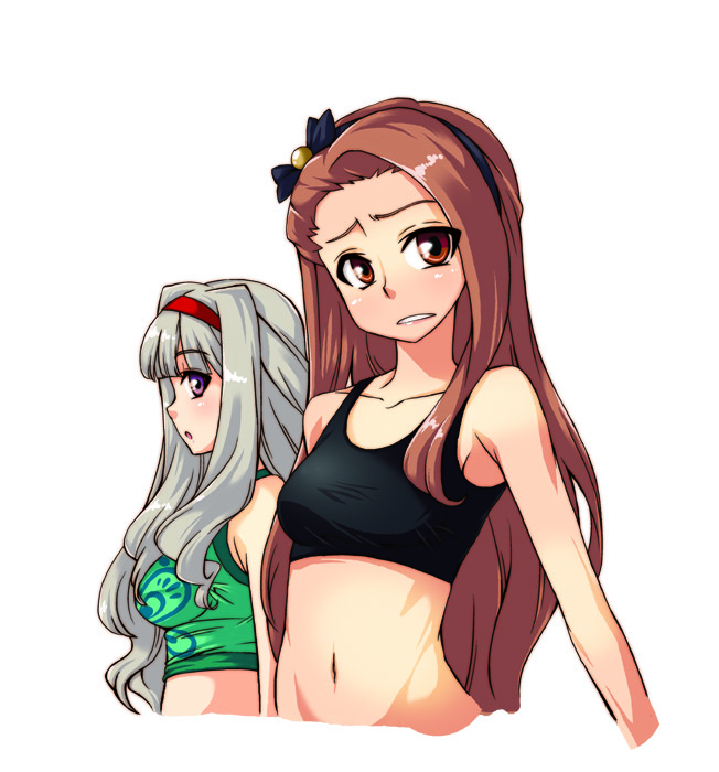 brown_eyes brown_hair hairband idolmaster idolmaster_(classic) long_hair minase_iori miyabe_makoto multiple_girls shijou_takane silver_hair sports_bra