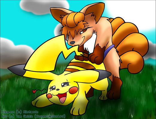 &hearts; ambiguous_gender canine duo female feral feral_on_feral fox interspecies kitsune male mammal multiple_tails nintendo pegging pikachu pok&#233;mon pok&eacute;mon sex_toy tail video_games vulpix
